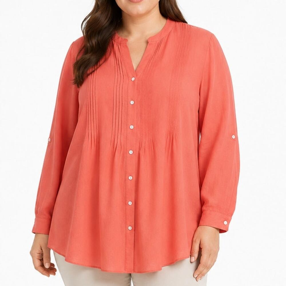 J Jill Love Linen Tunic Blouse Large Coral Pink 100% Linen Pintuck Button Front